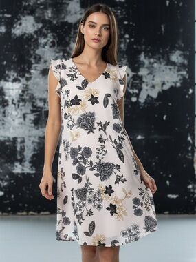 LOFT Floral A-Line Silhouette V-Neck Midi Dress Light Pink w/Black & Gold Print